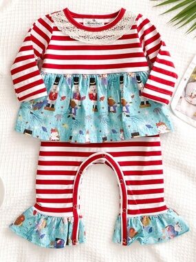 NWT Blue/White Romper with Crochet Lace Neckline & Nutcracker print -Size 3-6 mo